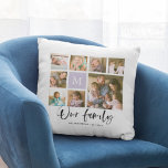 Custom Monogram Our Family Photo Collage Throw Pillow<br><div class="desc">Monogram pillow featuring the words "Our family" in a stylish script with 8 square photos arranged in a grid layout on the front and back side making it 16 photos in total that you can replace with you own photos against a white background. You can also add your family initial...</div>