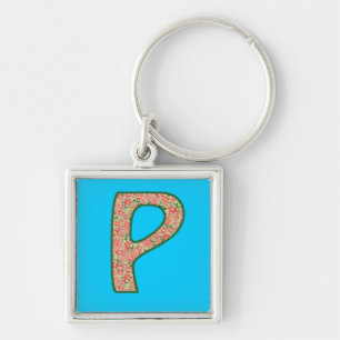 Custom Monogram P Keychain, Ditsy Floral Pattern Keychain