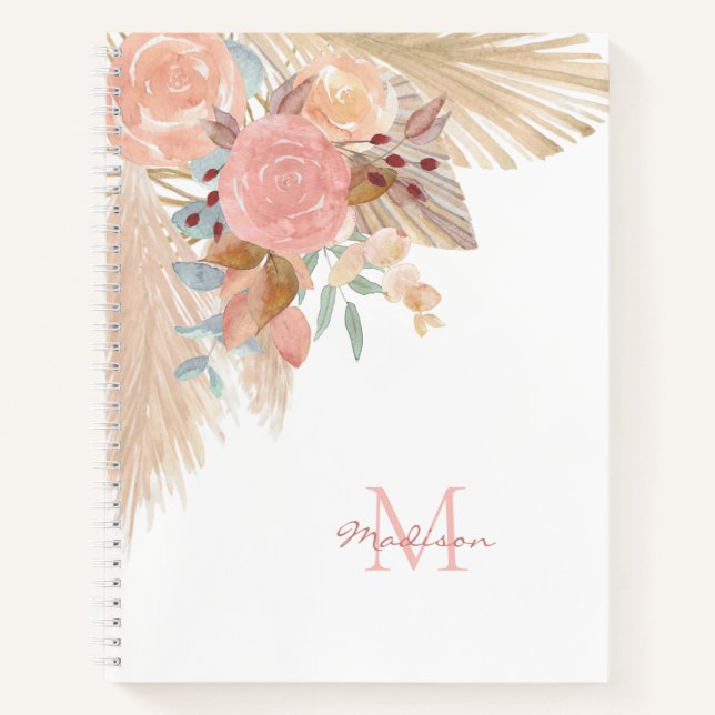 Custom Monogram Pampas Grass Floral Eucalyptus  Notebook (Front)
