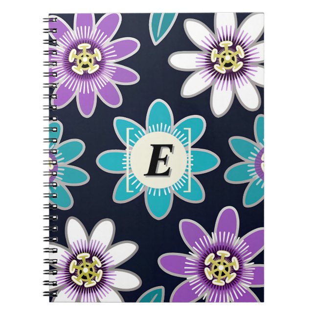Custom Monogram Passion Flower Floral Pattern  Notebook (Front)