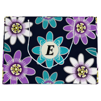 Custom Monogram Passion Flower Pattern Large Gift Bag