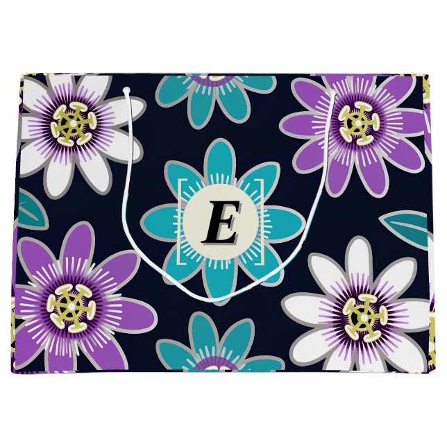 Custom Monogram Passion Flower Pattern  Large Gift Bag (Front)