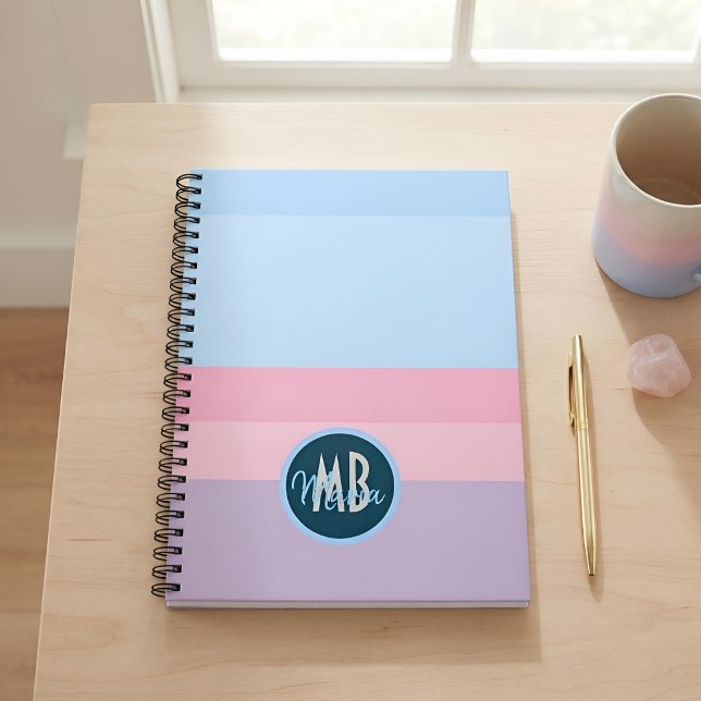 Custom Monogram Pastel Pink & Blue Stripe Notebook (Creator Uploaded)