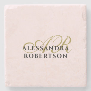 Custom Monogram Pastel Pink Gold Black Minimalist Stone Coaster