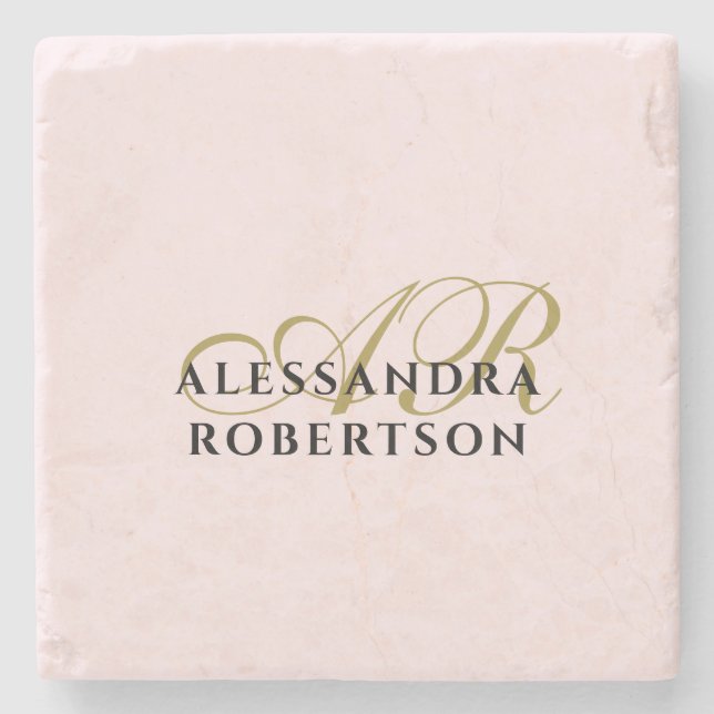 Custom Monogram Pastel Pink Gold Black Minimalist  Stone Coaster (Front)
