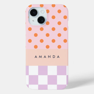 Custom Monogram Pastel Polka Dot Lilac Check Gifts iPhone 15 Case