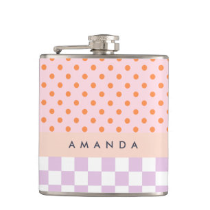 Custom Monogram Pastel Polka Dot Lilac Check Gifts Hip Flask