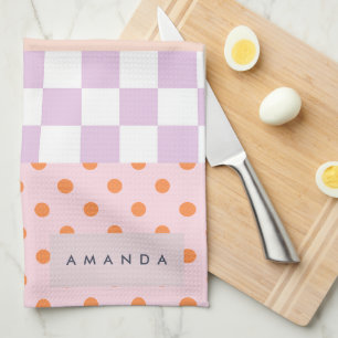 Custom Monogram Pastel Polka Dot Lilac Check Gifts Kitchen Towel