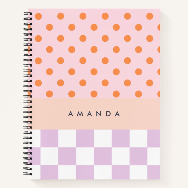 Custom Monogram Pastel Polka Dot Lilac Check Gifts Notebook (Front)