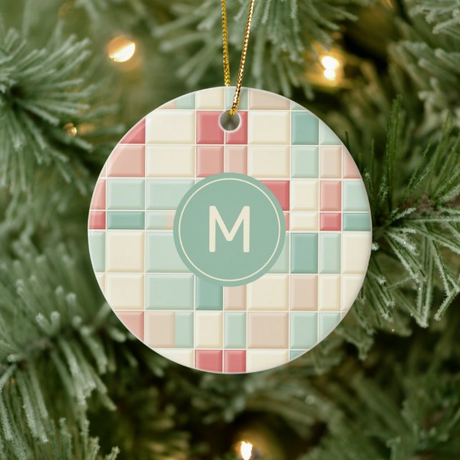 Custom Monogram Pastels Pattern Faux Ceramic Tiles Ornament (Tree)