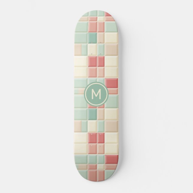 Custom Monogram Pastels Pattern Faux Ceramic Tiles Skateboard (Front)