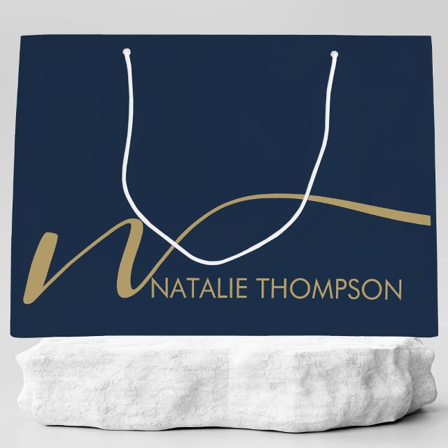 Custom Monogram Personalized With Name Cool Blue Large Gift Bag (Creator Uploaded)