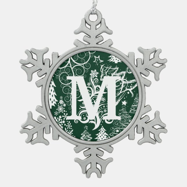 Custom Monogram Pewter Snowflake Xmas Ornaments (Front)