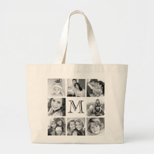 Custom Monogram Photo Collage Large Tote Bag