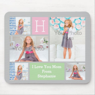 Custom Monogram Photo Collage Pink/Green/Grey Mouse Pad