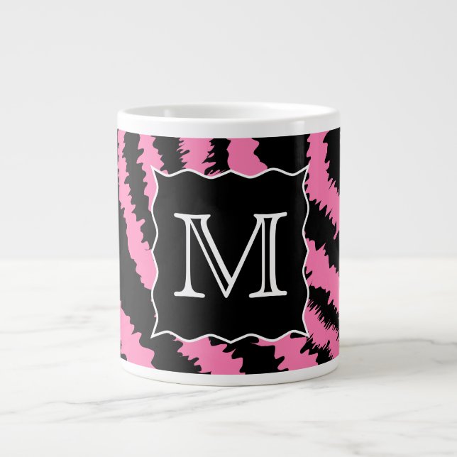 Custom Monogram Pink and Black Zebra Print Pattern Large Coffee Mug (Front)