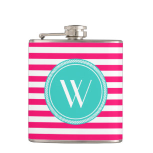 Custom Monogram Pink and Teal Striped Hip Flask