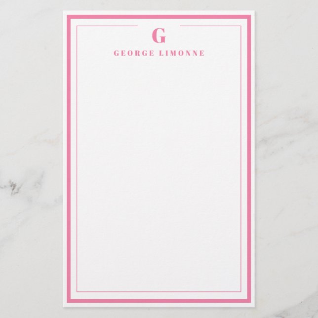 Custom Monogram Pink Border Stationery  (Front)