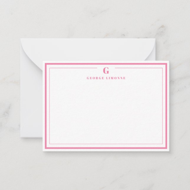 Custom Monogram Pink Border Stationery  Card (Front)