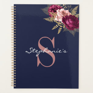 Custom Monogram Pink Burgundy Gold Floral  Planner