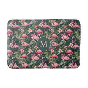 Custom Monogram Pink Flamingos Tropical Pattern Bath Mat