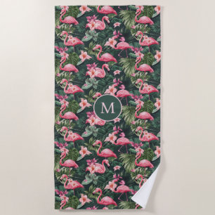 Custom Monogram Pink Flamingos Tropical Pattern Beach Towel