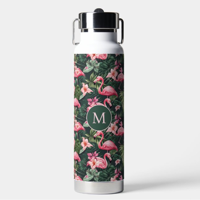 Custom Monogram Pink Flamingos Tropical Pattern Water Bottle (Front)
