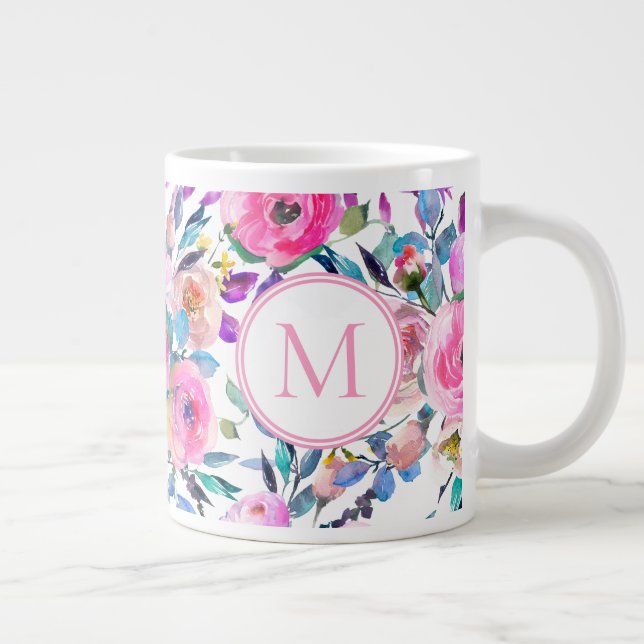 Custom Monogram Pink Floral Large Coffee Mug (Right)