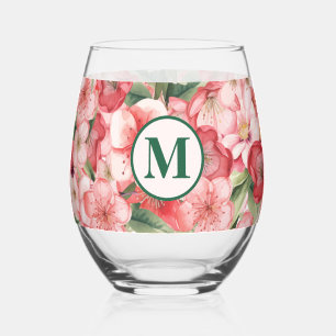 Custom Monogram Pink Floral Stemless Wine Glass