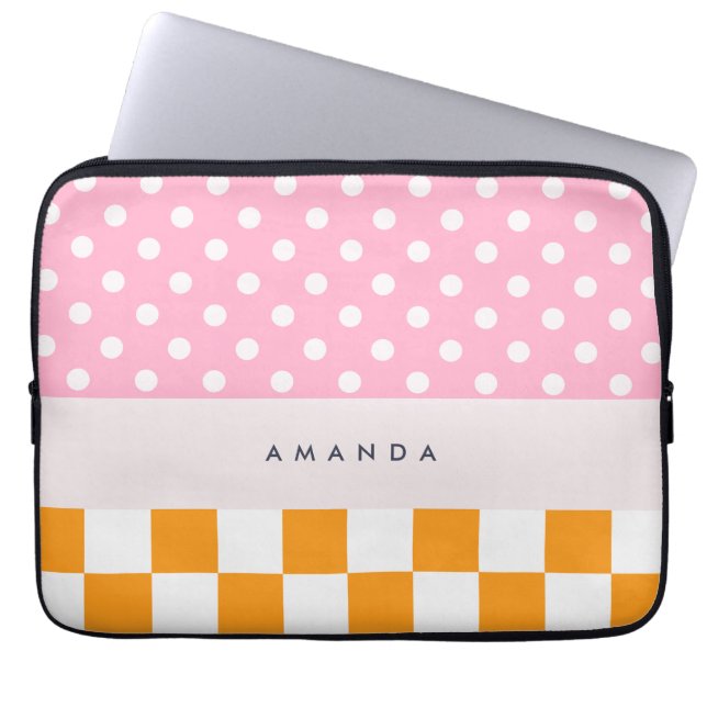Custom Monogram Pink Orange Polka Dot Check Laptop Sleeve (Front)