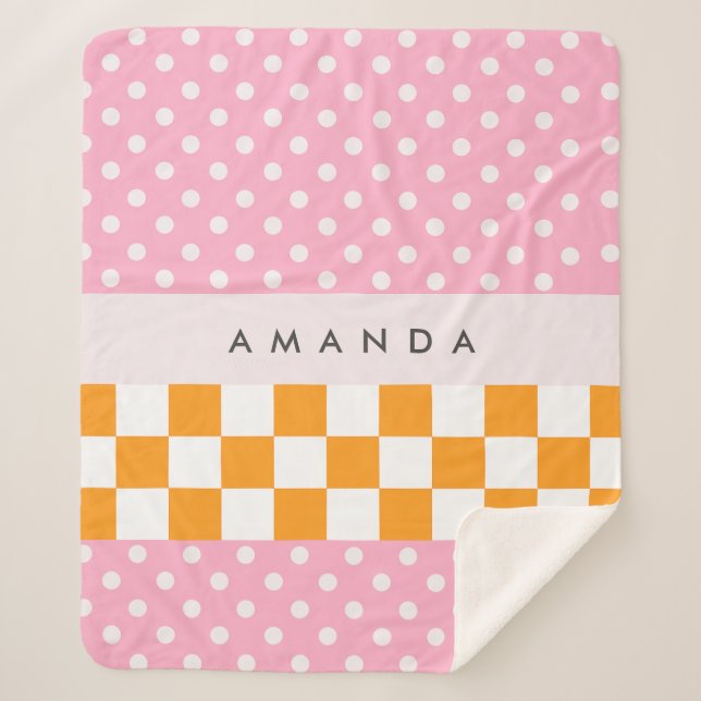 Custom Monogram Pink Orange Polka Dot Check Sherpa Blanket (Front)