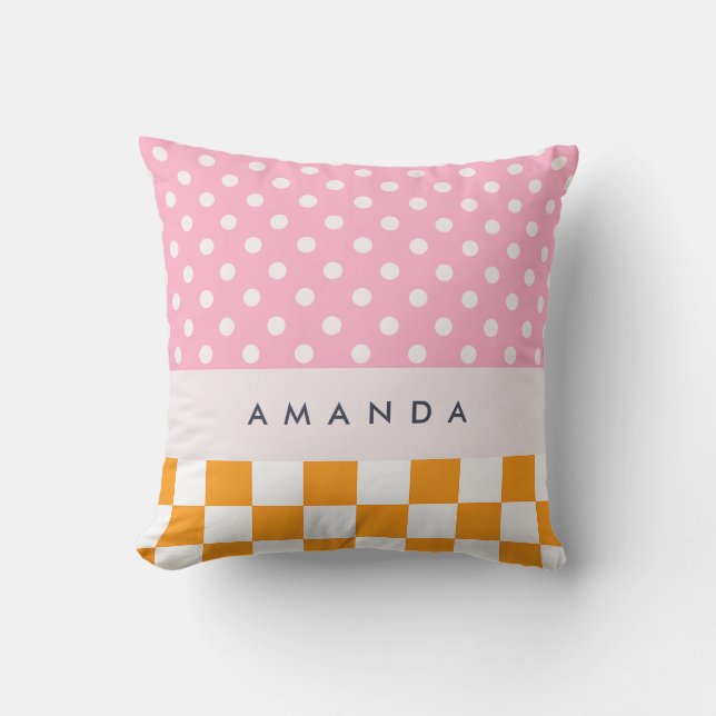 Custom Monogram Pink Orange Polka Dot Check Throw Pillow (Front)