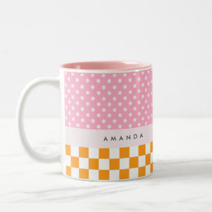 Custom Monogram Pink Orange Polka Dot Check Two-Tone Coffee Mug