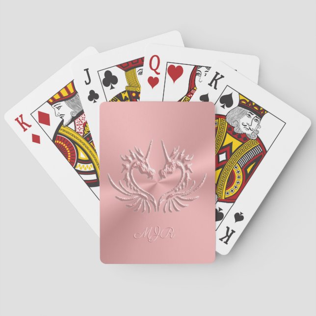 Custom Monogram, Pink Scaly Dragon Heart Playing Cards (Back)