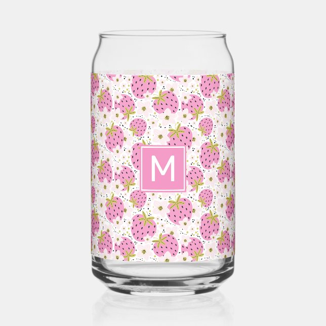 Custom Monogram Pink Strawberries Pattern Can Glass (Front)