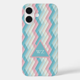 Custom Monogram Pink White Blue Chevron Pattern iPhone 16 Case