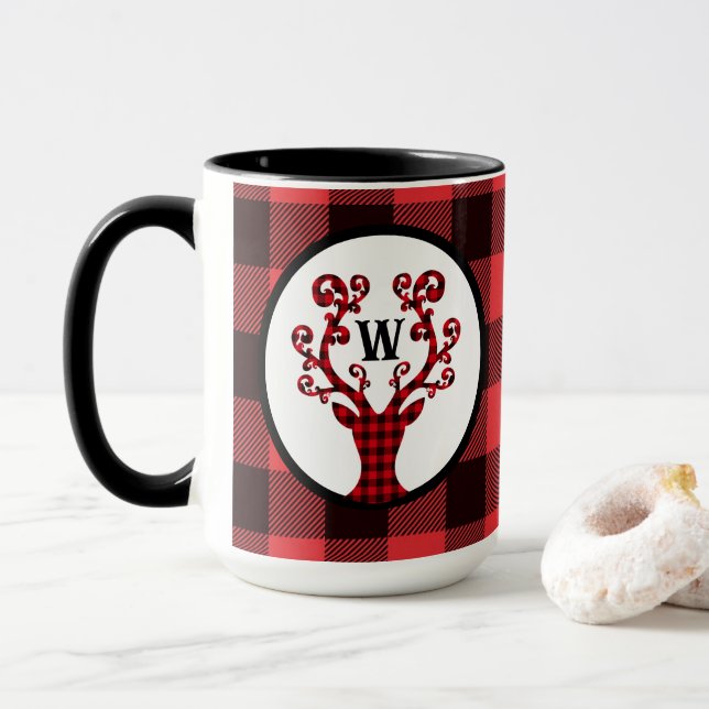Custom Monogram Plaid Reindeer Holiday Coffee Mug (With Donut)