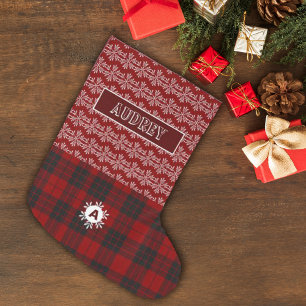 Custom Monogram   Plaid   Snow Flake Large Christmas Stocking