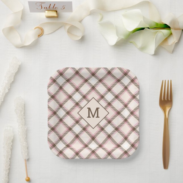 Custom Monogram Plaid / Tartan Pattern Paper Plate (Wedding)