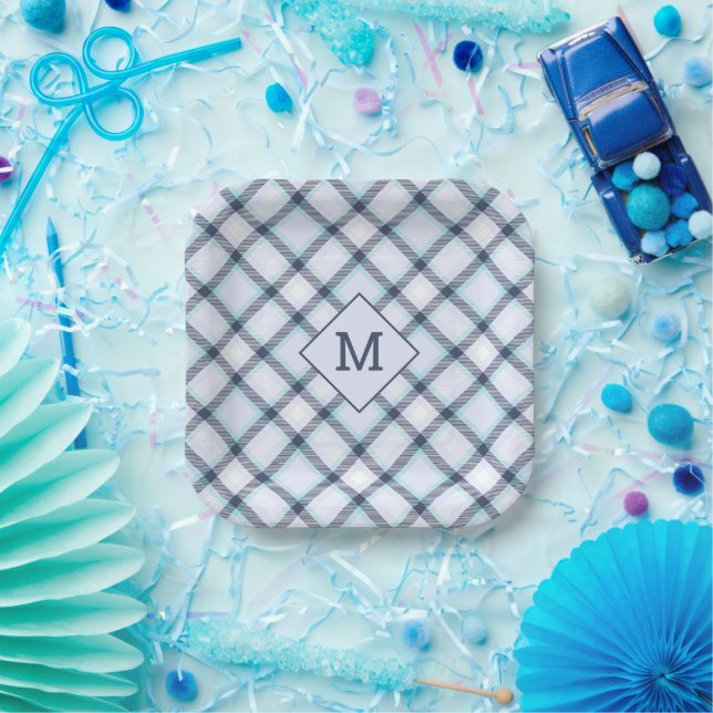 Custom Monogram Plaid / Tartan Pattern Paper Plate (Party)