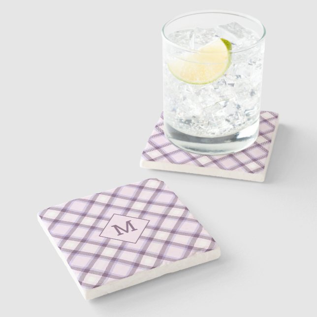 Custom Monogram Plaid / Tartan Pattern Stone Coaster (Side)