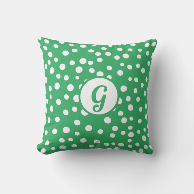 Custom Monogram Polka Dot x Green Accent Throw Pillow (Front)
