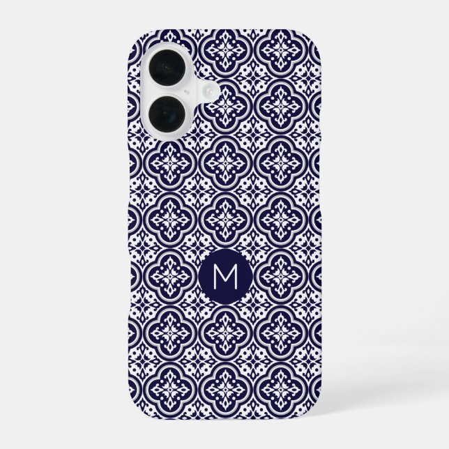Custom Monogram Portugese Tiles Pattern iPhone 16 Case (Back)