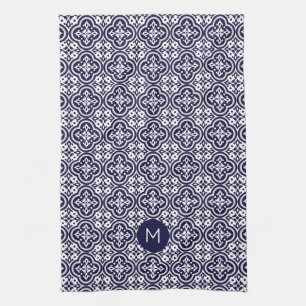 Custom Monogram Portugese Tiles Pattern Kitchen Towel