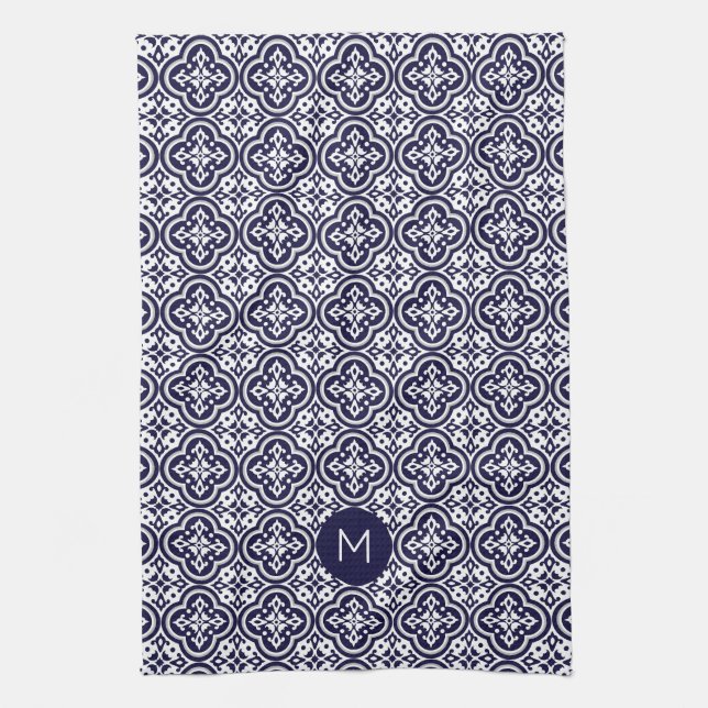 Custom Monogram Portugese Tiles Pattern Kitchen Towel (Vertical)