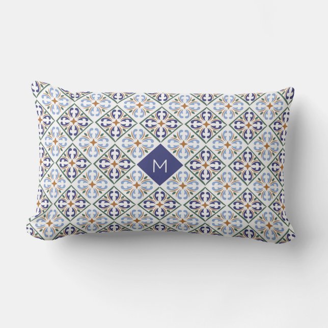 Custom Monogram Portugese Tiles Pattern Lumbar Pillow (Front)