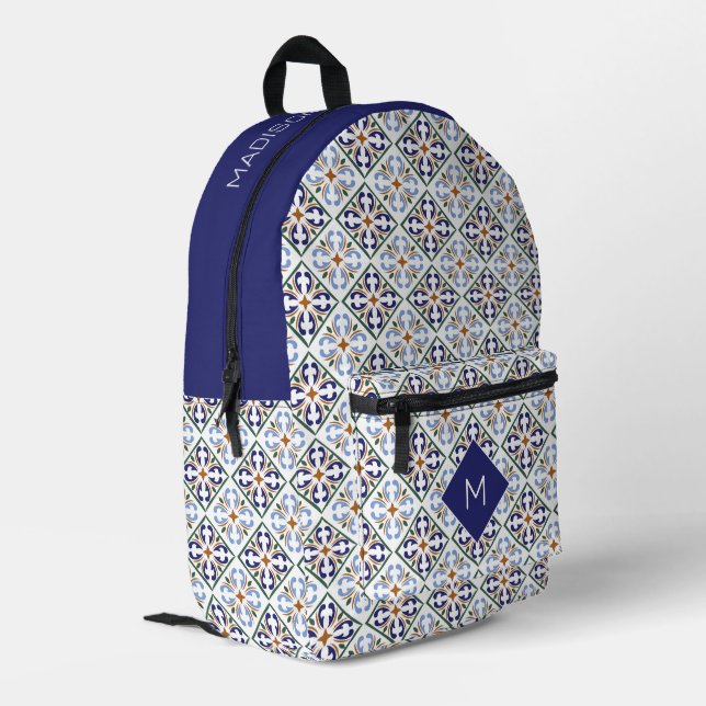 Custom Monogram Portugese Tiles Pattern Printed Backpack (Back Corner Left)