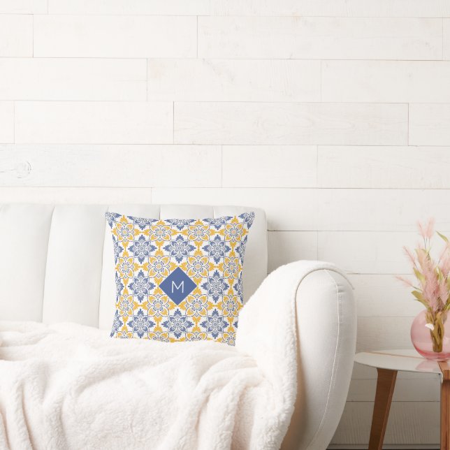 Custom Monogram Portugese Tiles Pattern Throw Pillow (Couch)
