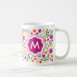 Custom Monogram Pretty Colourful Girly Floral Mug<br><div class="desc">Customize this Custom Monogram Pretty Mug featuring an Original Bright Pink,  Orange and Yellow Colourful Summer Floral and Green Leaves Pattern. Girly cute summer design.</div>