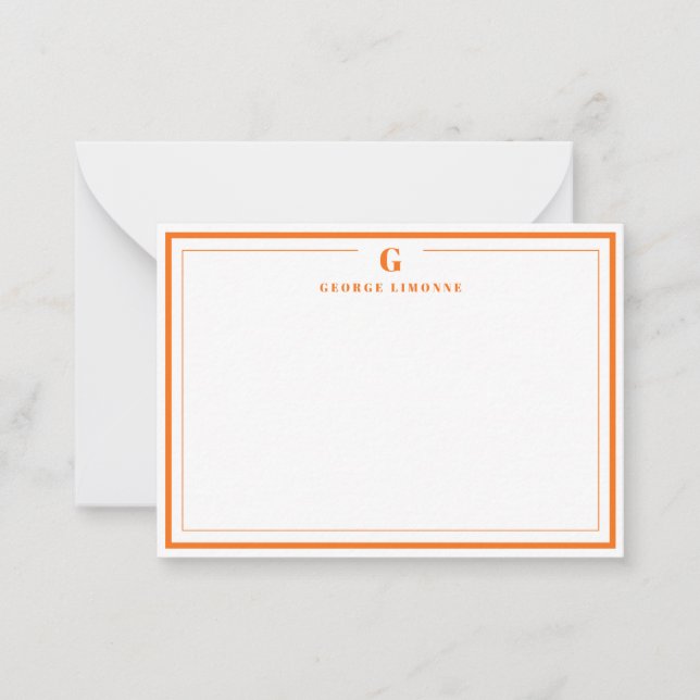 Custom Monogram Pumpkin Orange Border Stationery  Card (Front)